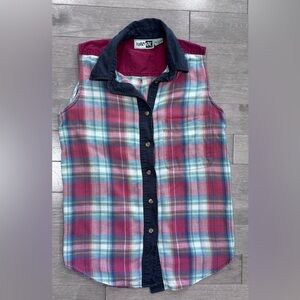 Vintage Krazy Kat Sleeveless Plaid Flannel Top Sz S Denim Collar Colorblock